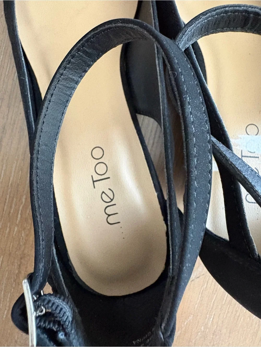 me too Black Suede Ankle-Strap Wedge Shoes